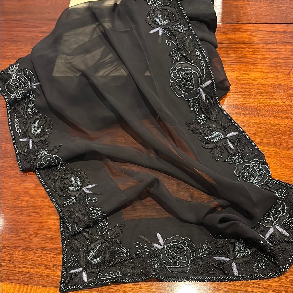 Black Sheer Shawl with Floral Embroidery. Brand New. Never used